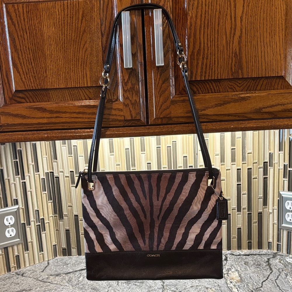 Coach Zebra Pattern Shoulder Bag - Tan and Brown
